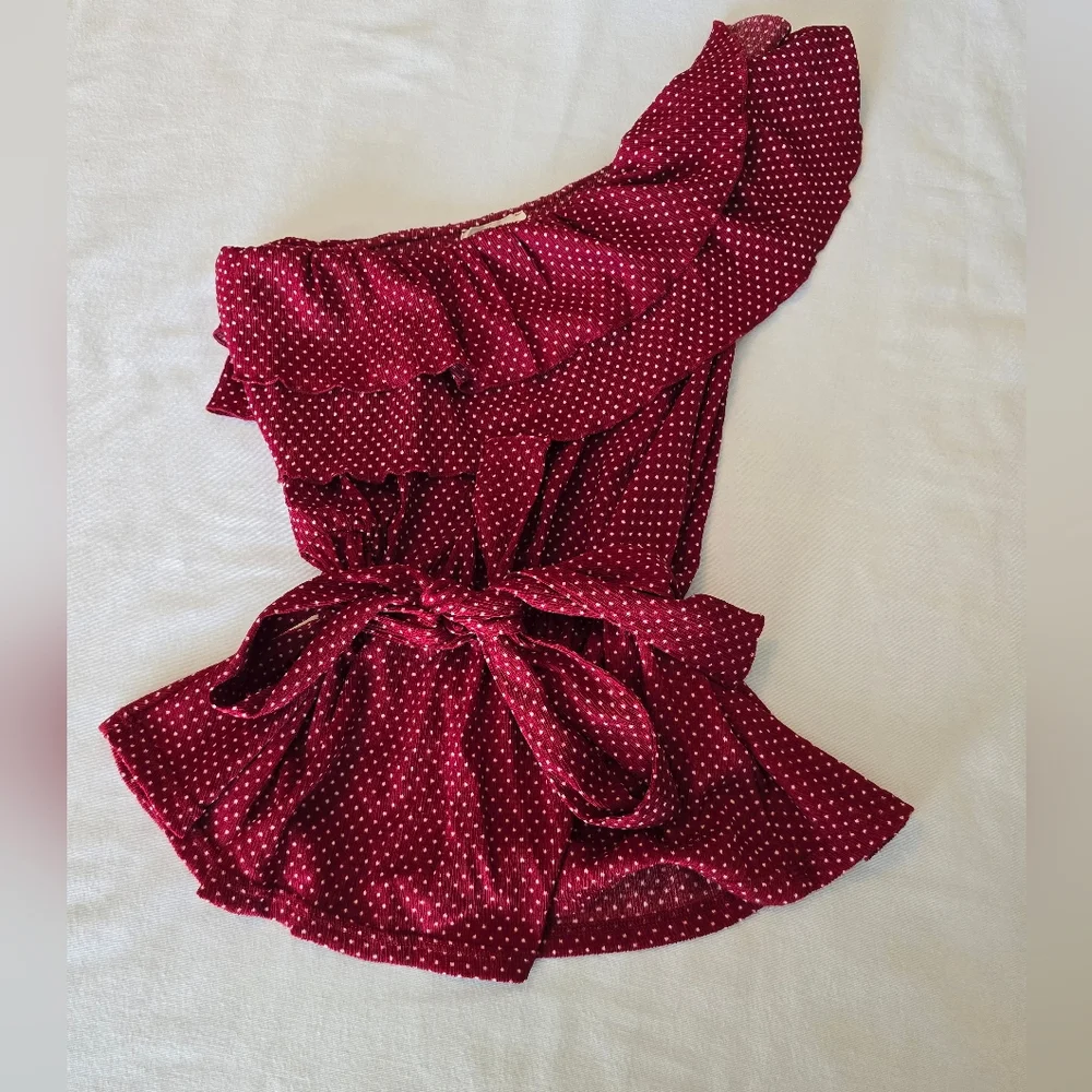 Anthropologie Maeve Rita One Shoulder Ruffle Top Red Polka Dot Tie Waist Small - Picture 2 of 14